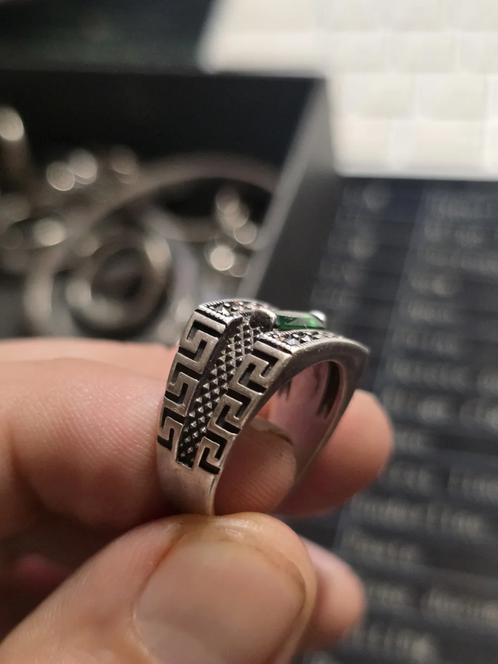 Sterling Silver Green Stone Marcasite Ring - Women's Jewelry